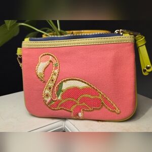 Spartina Pink Flamingo Embroidered Canvas Wristlet